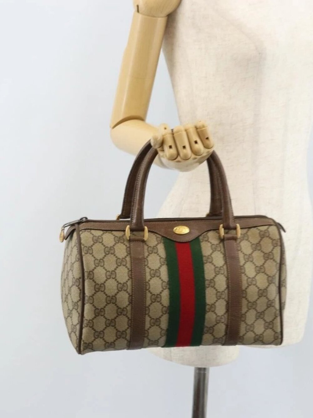 GUCCI GG Supreme Web Sherry Line Boston Bag PVC Beige Gold 39 02 006 Auth gh1854 - Picture 1 of 16